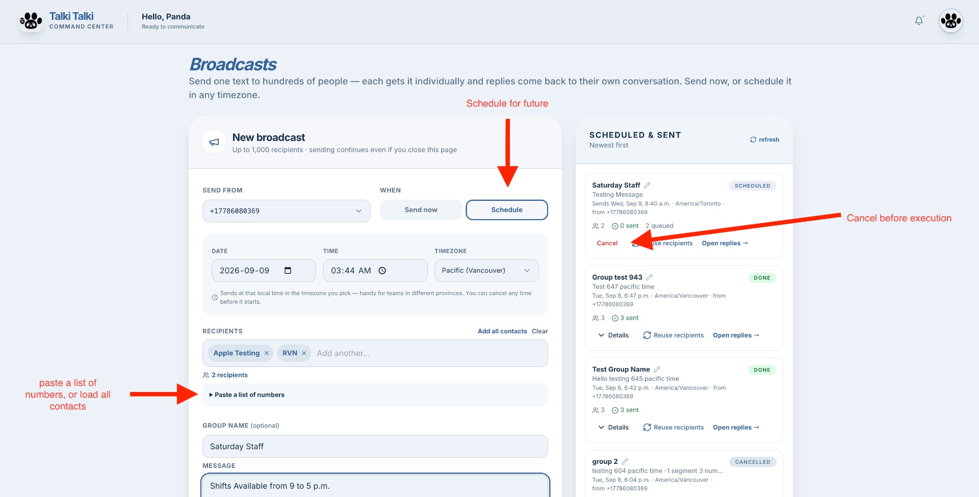 Talki Talki SMS broadcast page: schedule a bulk text for a future date, time and timezone, paste a list of numbers or load all contacts, name the group, and cancel a scheduled broadcast before it sends