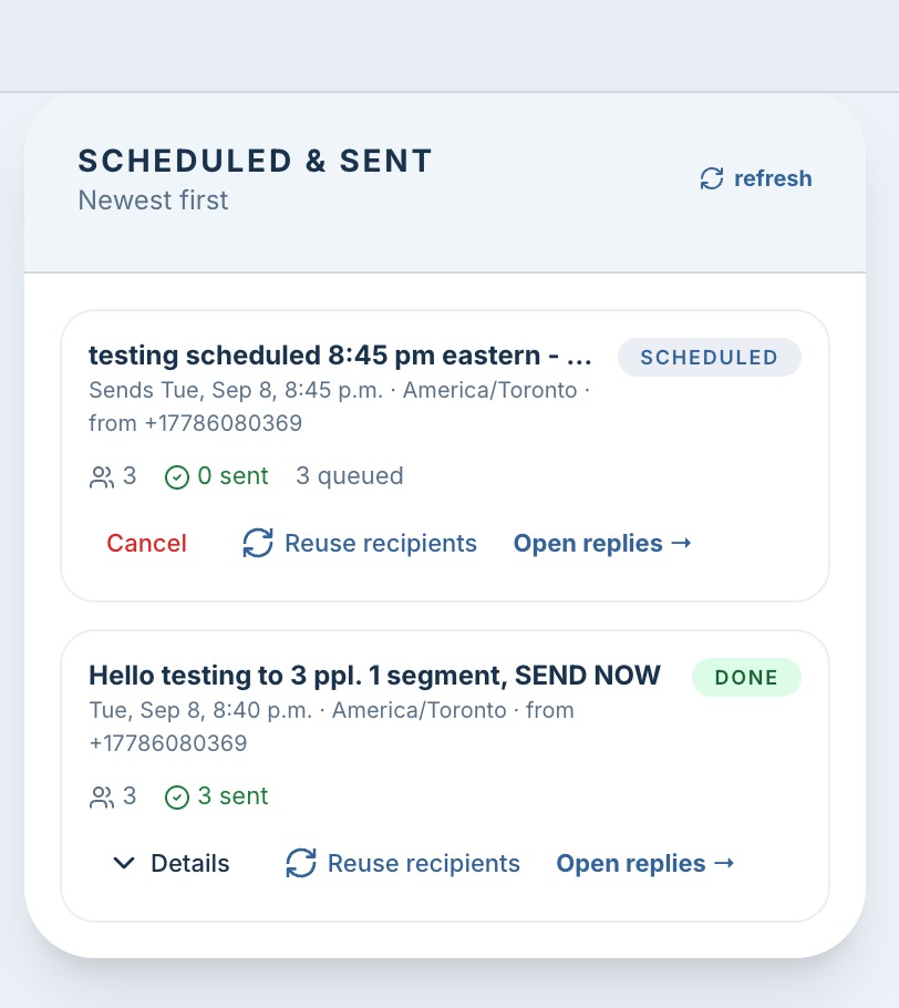 Talki Talki scheduled and sent broadcasts list showing a scheduled bulk SMS with recipients queued and a completed send with delivery status, reuse recipients and open replies